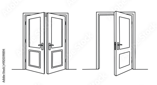 Two french doors are depicted in a simple black outline silhouette
