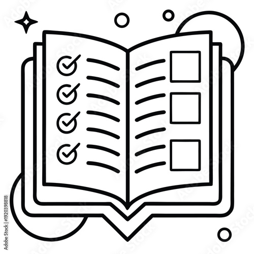 Checklist in a book with checkboxes and lines for notes