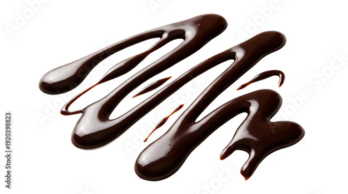Rich dark chocolate sauce elegantly drizzled in a decorative pattern on a clean background studio shot on white and transparent