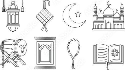 Line Art Islamic Eid Mubarak Icon Set, Traditional Ketupat, Bedug Drum, Mosque, and Prayer Rug Vector Illustration