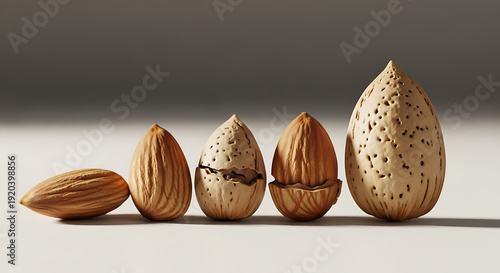Five almonds in various stages of shelling on a clean surface with soft gradient background