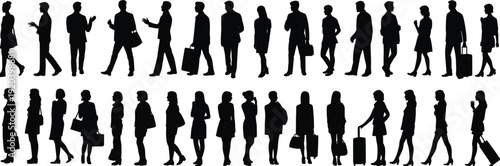 Large collection of black silhouettes featuring men and women walking with luggage suitcases and handbags in various commuting and travel poses on white background