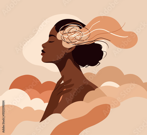 Vector illustration of a woman with closed eyes, surrounded by soft clouds. Tangled lines emanate from her head, symbol anxiety, confusion. Ideal for psychology projects on mental health, self-care