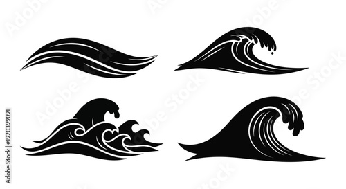 Four black wave designs create a dynamic ocean current silhouette