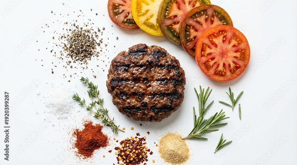 custom made wallpaper toronto digitalGrilled beef patty surrounded by fresh tomatoes and herbs on a clean white background from a top-down viewpoint