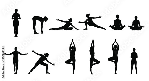 Various yoga poses depicted in a striking black silhouette