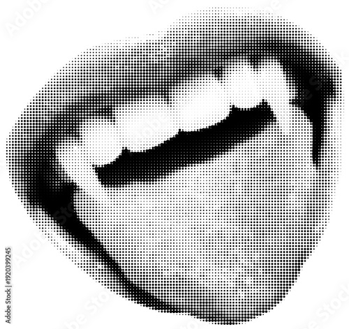 Open mouth with vampire fangs and tongue, creepy halloween, retro collage banner, lips cut out from magazine on red background. Sharp teeth, creepy character.