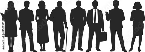Large collection of black silhouettes featuring diverse business men and women standing in professional poses isolated on white background for corporate and office design