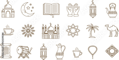 Islamic Ramadan Line Art Icon Set – Minimalist Brown Vector Symbols with Mosque Quran Camel and Lantern for Eid Mubarak Design