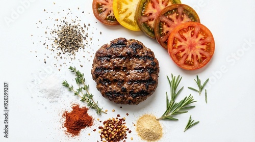 Wallpaper Mural Grilled beef patty surrounded by fresh tomatoes and herbs on a clean white background from a top-down viewpoint Torontodigital.ca