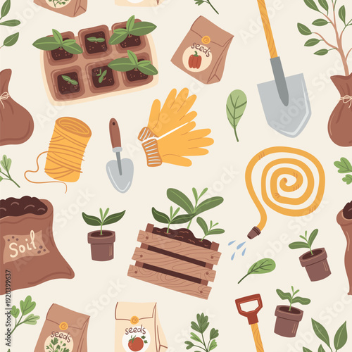 Seamless pattern with gardening tools. Perfect for packaging, website design, cards and textiles