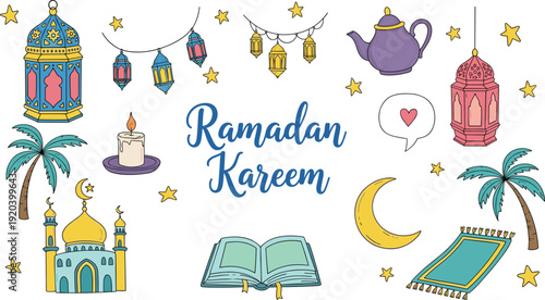 Ramadan Kareem Hand-Drawn Vector Element Set – Colorful Islamic Doodle Icons with Quran Mosque Lanterns and Prayer Rug