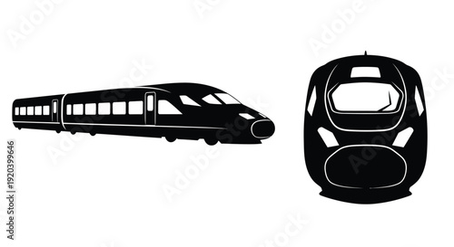 Black train design with front and side views in stark silhouette