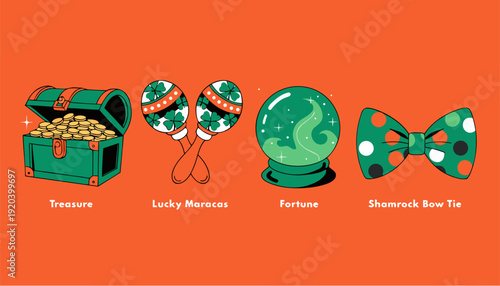 A vibrant vector graphic illustration of four St. Patrick's Day themed icons on an orange background