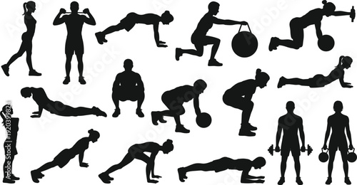 Large collection of black silhouettes featuring men and women performing gym workouts including pushups squats lunges and weightlifting exercises isolated on white background for fitness