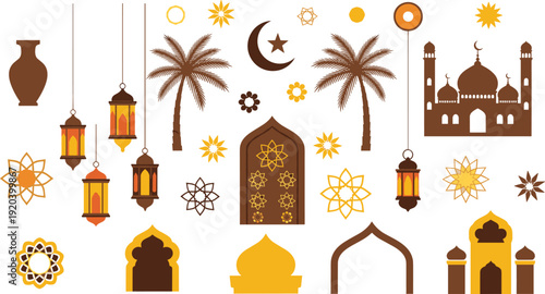 Ramadan Kareem Decorative Element Set – Islamic Patterns with Palm Trees Lanterns and Mosque Architecture in Gold and Brown Vector