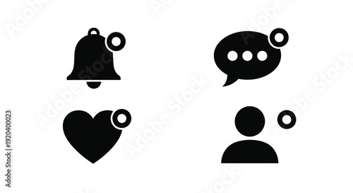 Four black icons representing notification heart and person silhouette