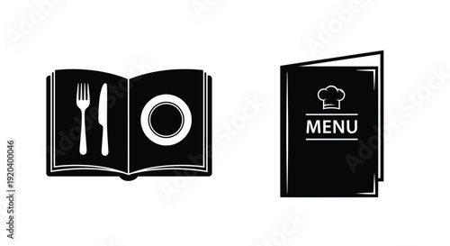 Restaurant icons depicting a book and menu black silhouette