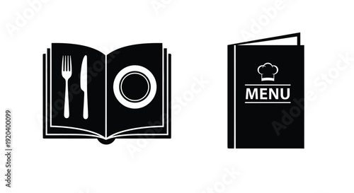 Restaurant menu and cookbook icons in a bold dark silhouette
