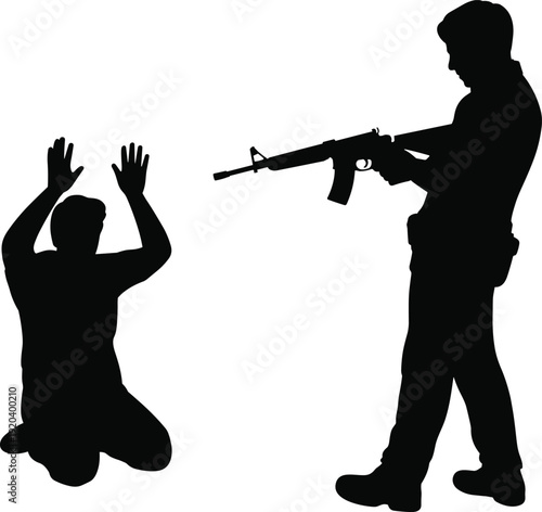 Black silhouette of a soldier or police officer pointing a rifle at a kneeling person with hands up in surrender on white background