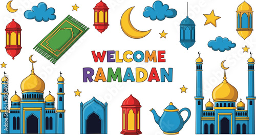 Welcome Ramadan Vector Illustration Set – Colorful Islamic Elements with Mosque Lanterns Crescent and Prayer Rug in Cartoon Style