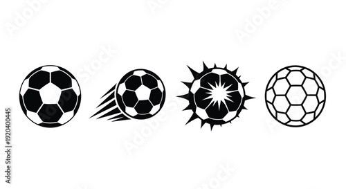 Four black soccer balls in varying designs a striking silhouette