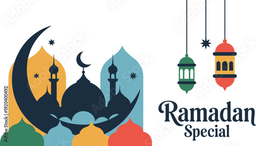 Islamic Festival Graphic Elements with Modern Greeting Typography Palm Tree Landscapes and Colorful Mosque Icons