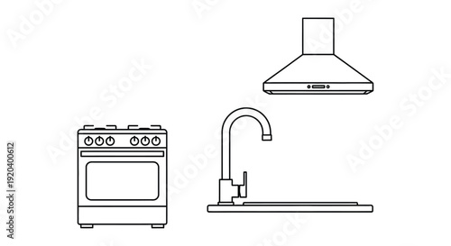 Kitchen appliances in a linear arrangement simple black silhouette