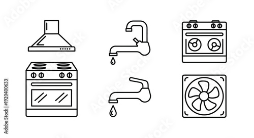 Kitchen appliance outlines stove sink hood and fan silhouette