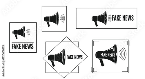 Megaphones broadcasting fake news within framed boxes a stark silhouette