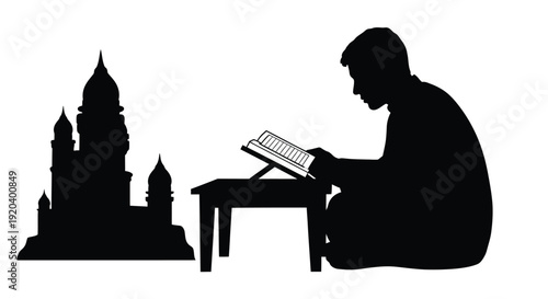 A man reads a book before a castle in dark silhouette