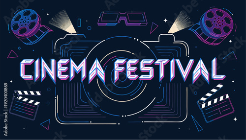 A vibrant cinema festival vector graphic with film camera and clapperboard illustrations
