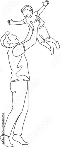 Continuous line art of a dad holding baby up with both hands. 