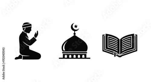 Islamic symbols including a praying man mosque and open book silhouette