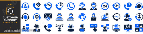 Customer Support and Call Center Duotone Glyph Vector Icons Set — Help Desk, Live Chat, 24/7 Service, CRM and Technical Support Icons for Web and App UI