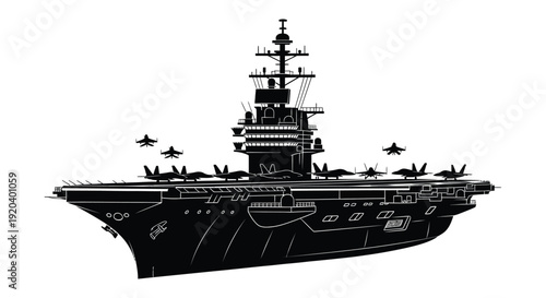 A detailed black silhouette of a modern aircraft carrier with fighter jets showcasing naval power silhouette high quality professional elegant stylish