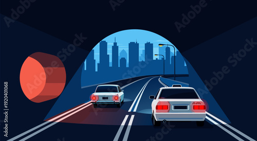 Nighttime Cars Driving Through Tunnel Toward City Vector Illustration