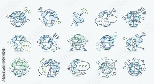 Global Communication Network Icons Set, Worldwide Connection Concept