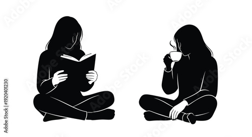 Two women seated one reading and one drinking tea silhouette