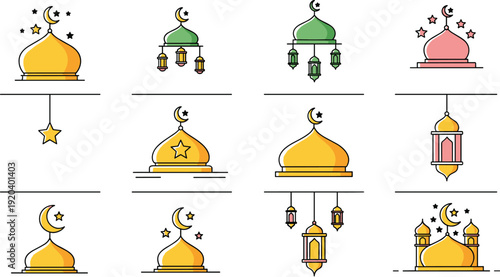 Festive Islamic Celebration Vector Set with Hanging Lantern Bunting and Urban Graffiti Art