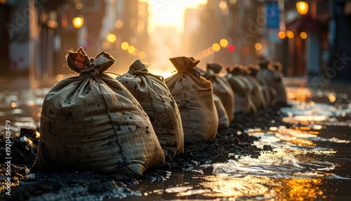 A set of heavy-duty sandbags, from the FlyPro_Firefly series, arranged in a protective berm along wet ground, showcasing textured burlap and golden reflections in this high-resolution photograph.