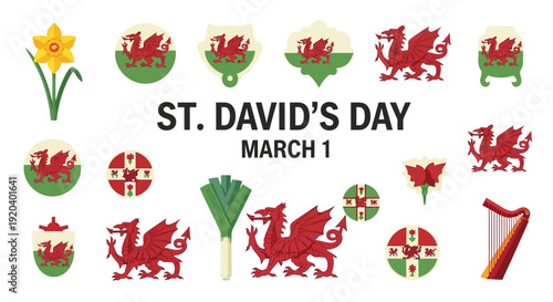 St. David's Day symbols and icons for March 1 celebration