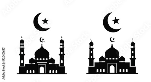 Islamic crescent moon star and mosque designs in black silhouette