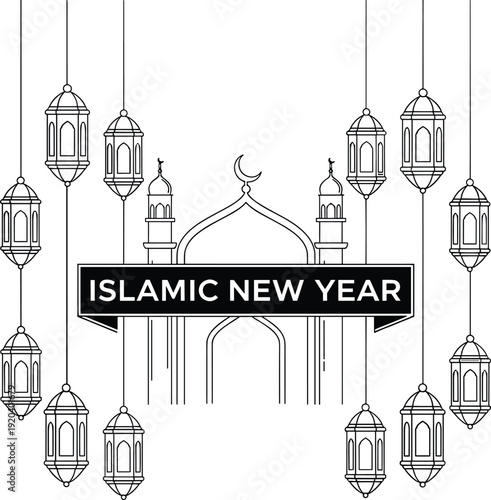 Islamic Hijri New Year and Ramadan Celebration Elements with Lanterns and Graffiti Art