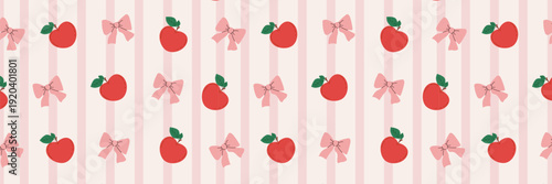 Coquette ribbon bows seamless pattern.Cute seamless pattern with red apples and pink bows on striped background. Girly coquette aesthetic vector illustration for nursery, fabric, and gift wrap