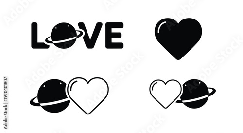 Love planets and hearts depicted in a striking black silhouette