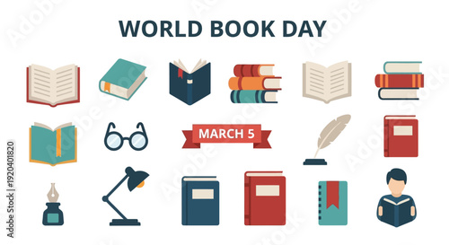 Vibrant World Book Day icons with books, glasses, and lamp