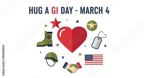 Hug a GI Day March 4 patriotic illustration with heart and military symbols