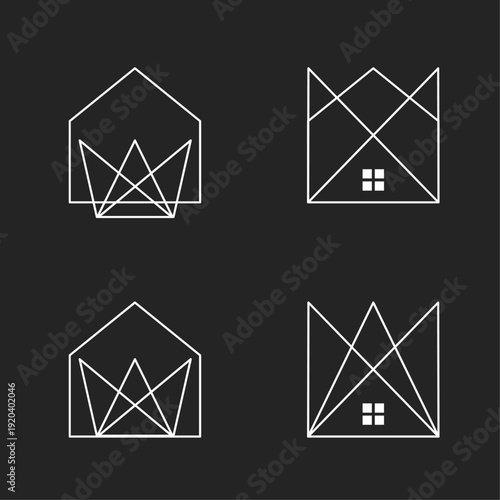 Geometric House and Crown Logo Set. Abstract Line Art Home and Royal Crown Symbol for Real Estate and Luxury Branding.