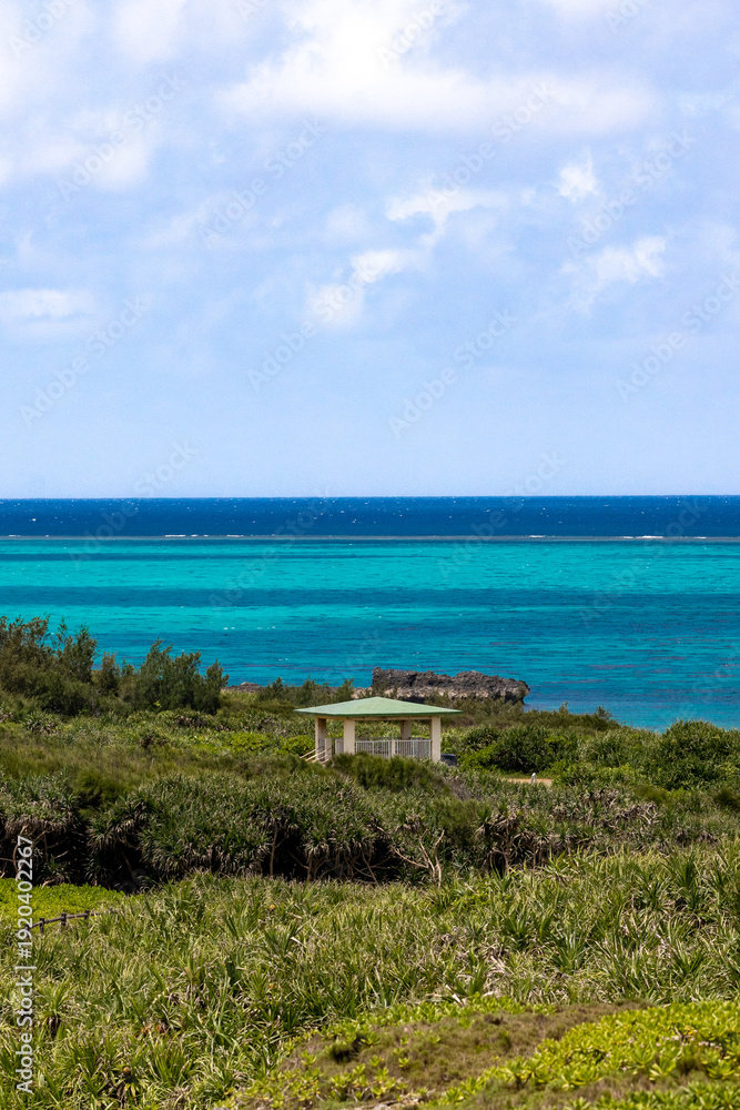 Fototapeta premium Tropical coastline with turquoise ocean and small pavilion under a blue sky 青空の下に広がるターコイズブルーの海と小さな東屋のある海岸風景